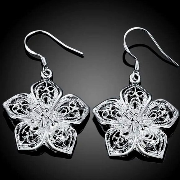 Fine Silver Jewelry - Gorgeous 3D Flower .925 Sterling Silver Hanging Earrings " Hypoallergenic "